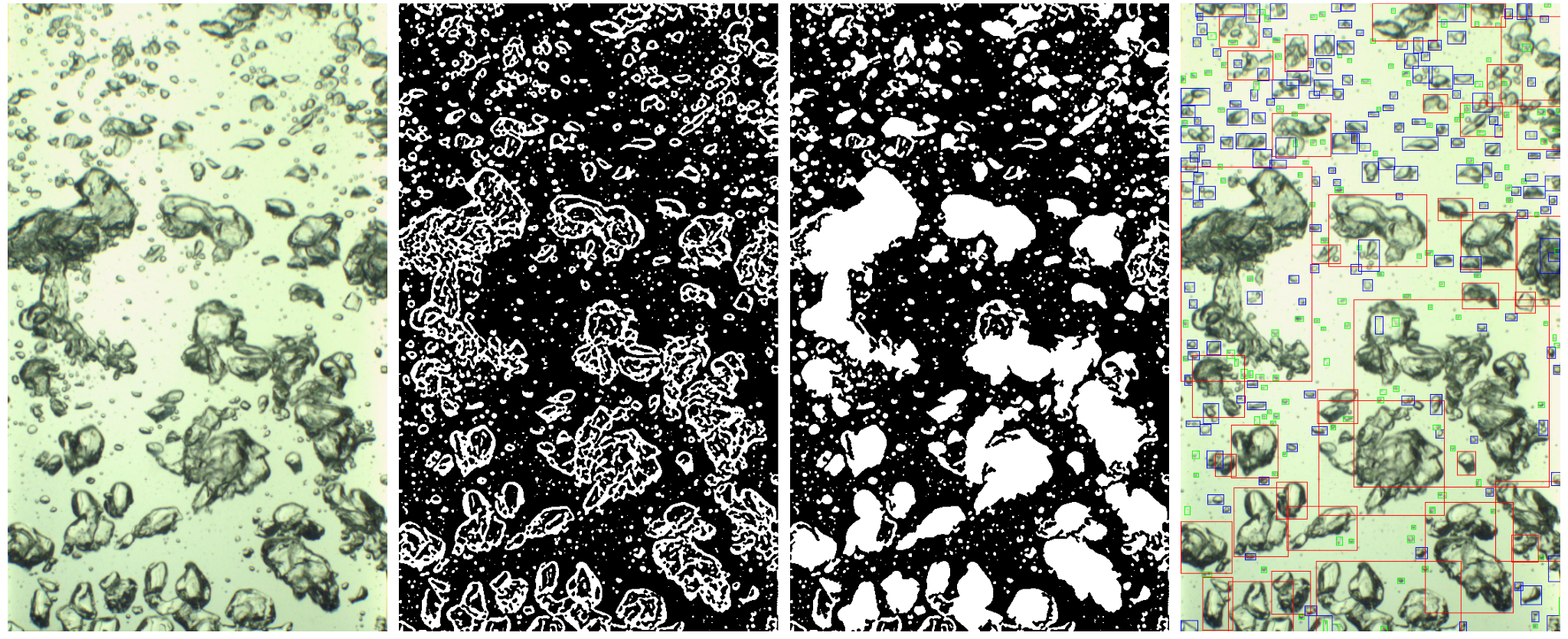 Original image, bubble mask, filled bubble regions and bounding rectangles