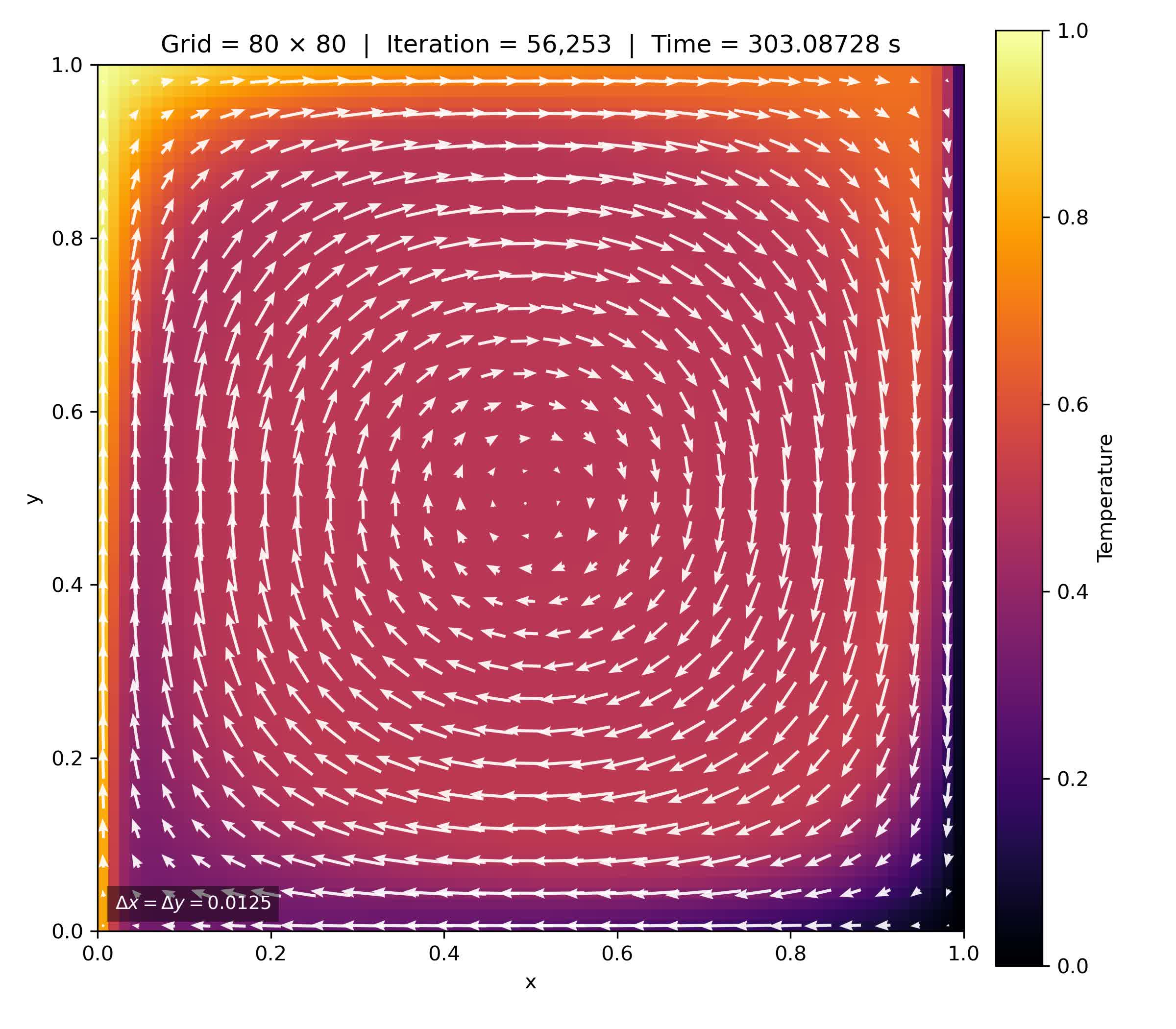 Near-steady 80 by 80 temperature field with the prescribed vortex shown by white arrows